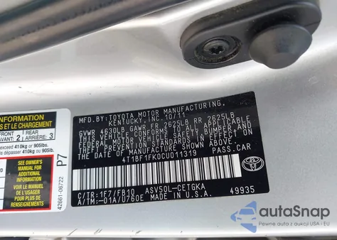 2012 Toyota Camry Xle из США, поврежденный, VIN 4T1BF1FK0CU011319